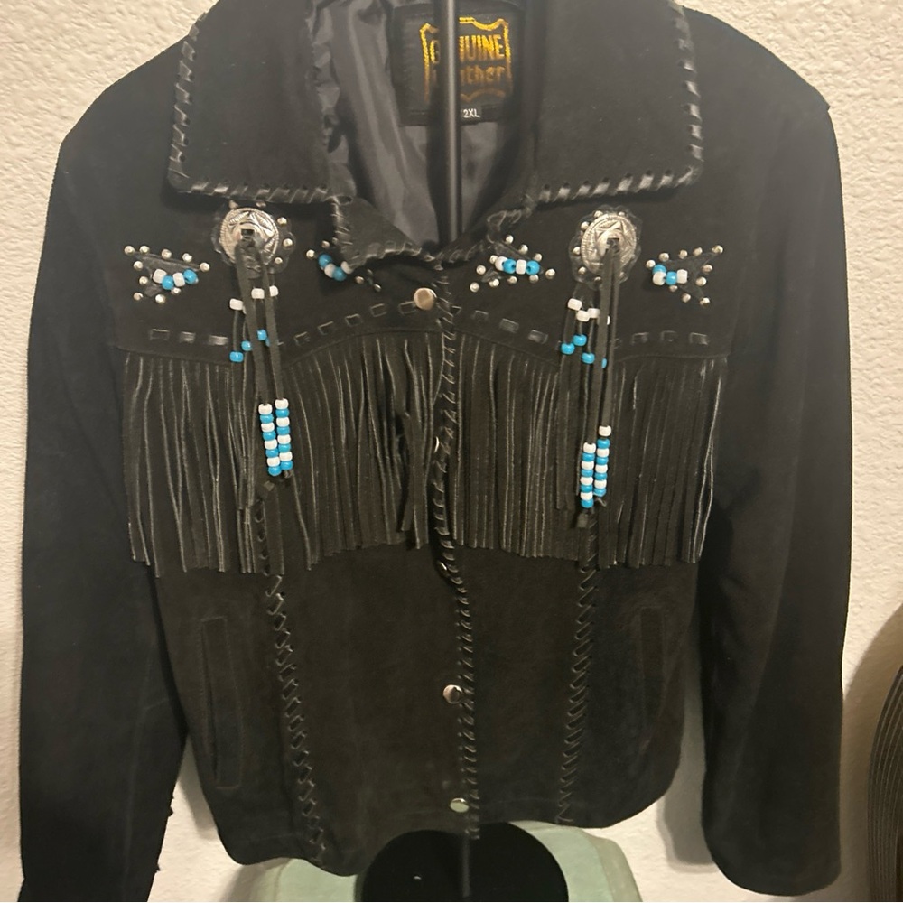 Black Suede Fringe Jacket with Beaded Accents